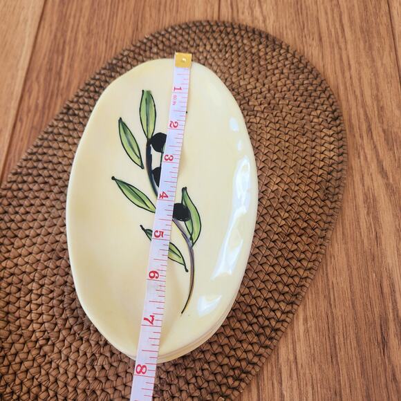 Julia Junkin oval appetizer plates set of 3 yellow w/ black olive & branch print - Picture 4 of 11